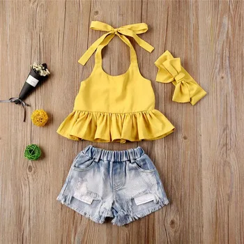 Wholesale 2pcs Toddler Kids Baby Girls Clothes Yellow Tops+denim Jeans Pants Outfits Set
