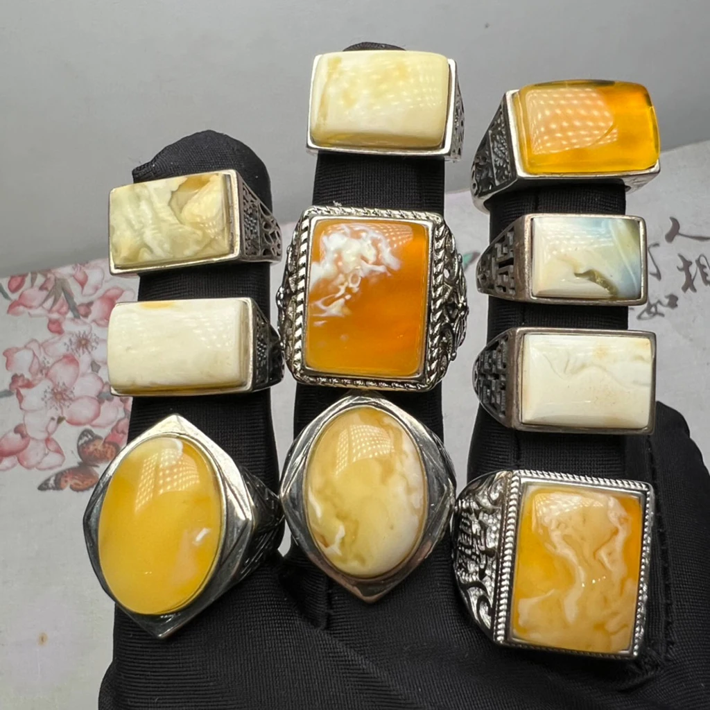 Amber jewelry Natural Baltic Russian amber stone polishing ring  inlay Golden white amber