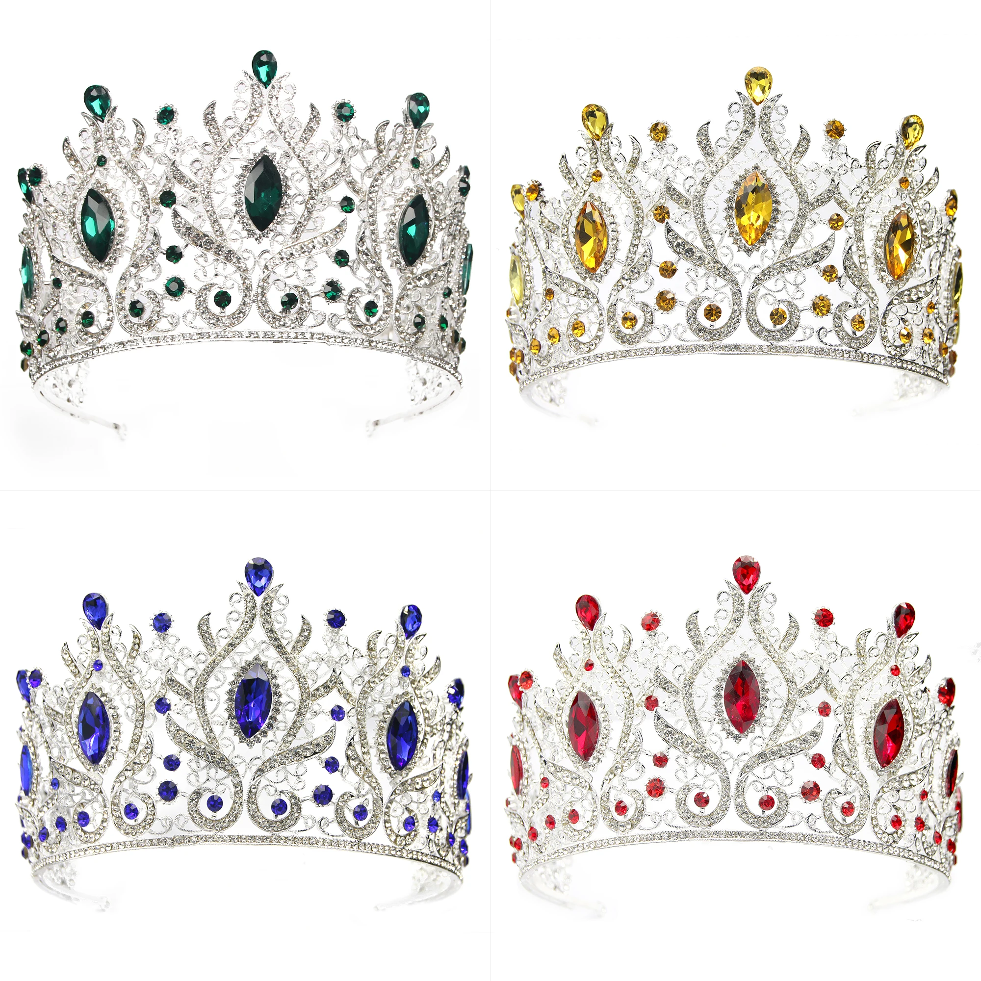 Big Luxury Baroque Rhinestone Emerald Green crystal silver Pageant wedding bridal Crowns and Tiaras for queen