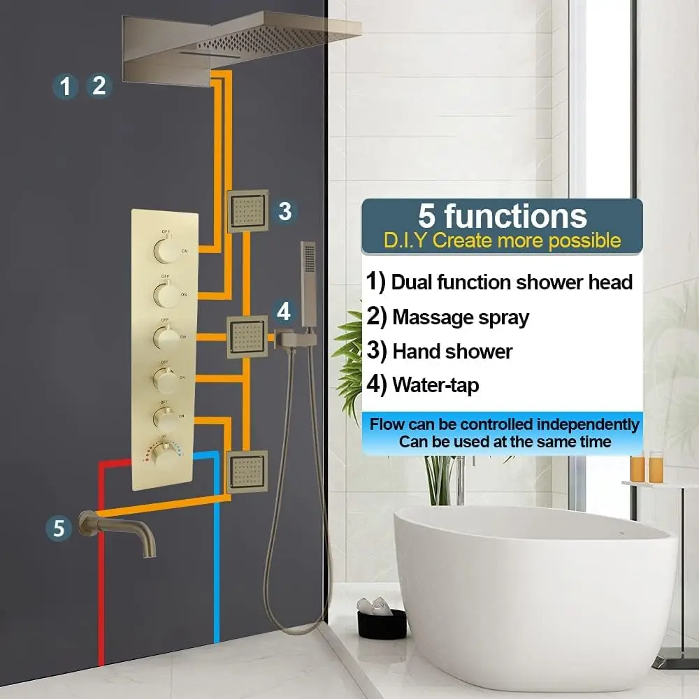 5 way Multi Function Shower Diverter Valve Brass Brushed Gold Thermostatic Mixer Shower Control Valve