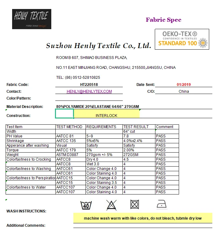 HT220518 SUPPLEX 80%POLYAMIDE 20%ELASTANE 270GSM KNITTED INTERLOCK FABRIC FOR LEGGING SHAPEWEAR