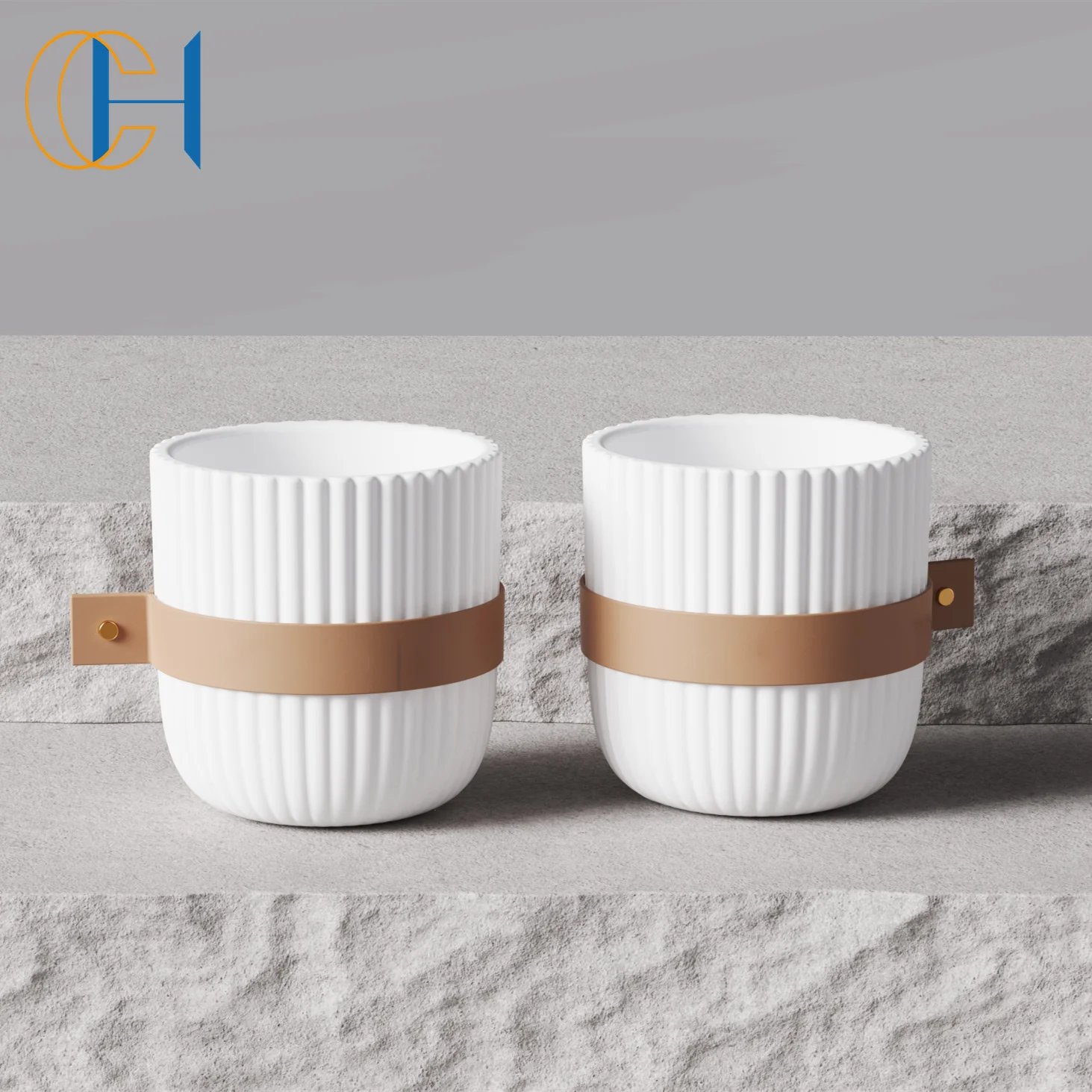 C&H Home Decoration White Ceramic Candle Holder Jar with Leather