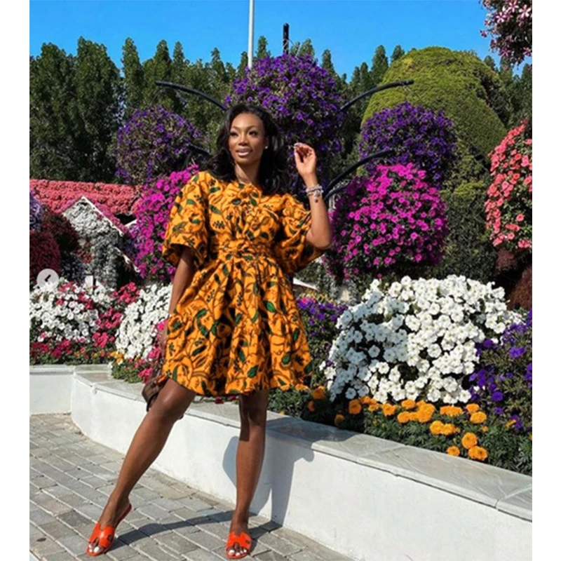 Hot Sale African elegant sexy ladies Large swing skirt with lotus sleeves belt women summer loose african dashiki shirt