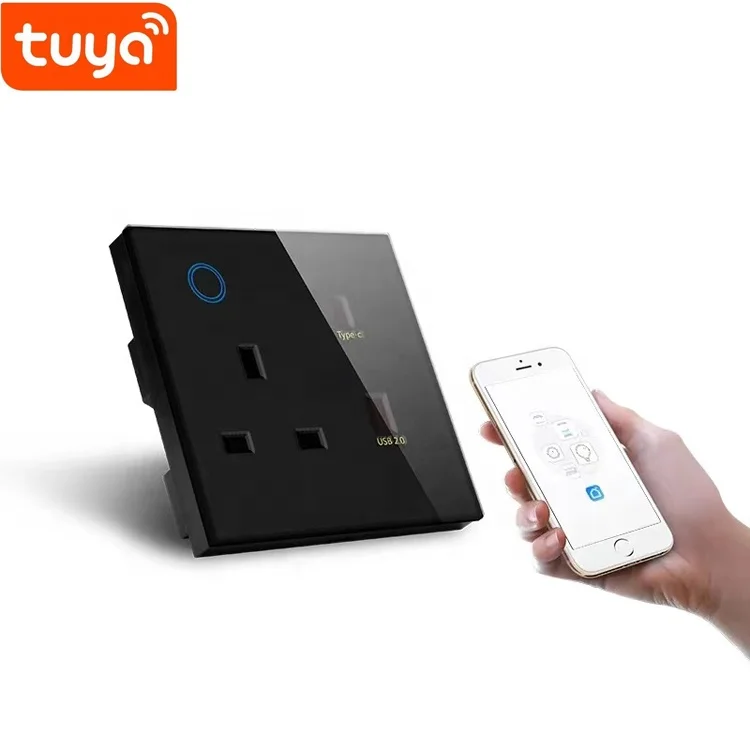 UKCA CE Tuya Smart Home Hotel Office WiFi Control 15A UK Single Touch Glass Smart Wall Socket Plug USB-C Fast Charger