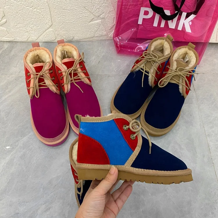 Yellow red blue brown colorful mixed color sheepskin plush ankle platform sheep fur snow boots shoes for kids and Baby Children