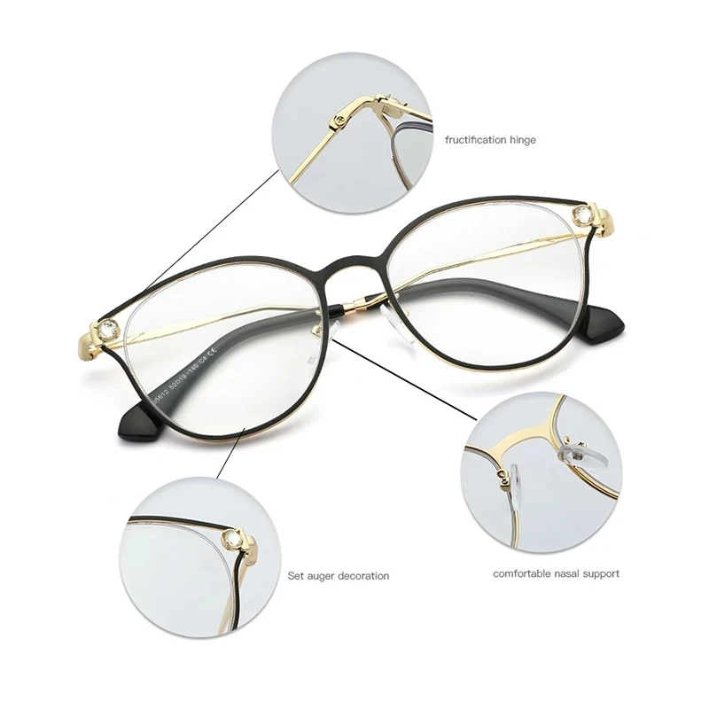 Cat Eye Anti Blue Light Glasses Women's Computer Eyeglasses Frame for Women Fake Diamond Round Prescription Eyewear