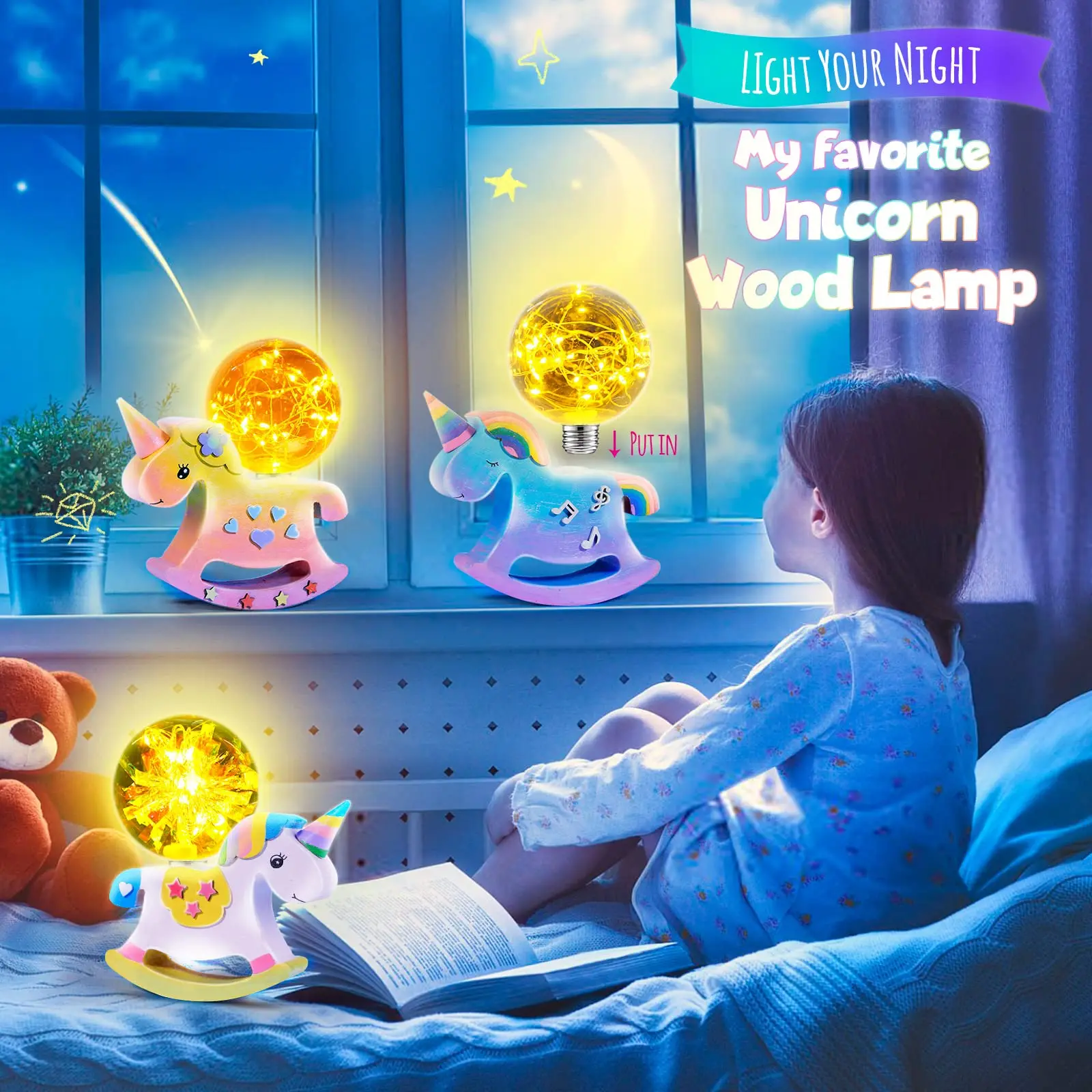 New Design Wooden Unicorn Lamp DIY Painting Night Light Craft Kit For Home Decoration