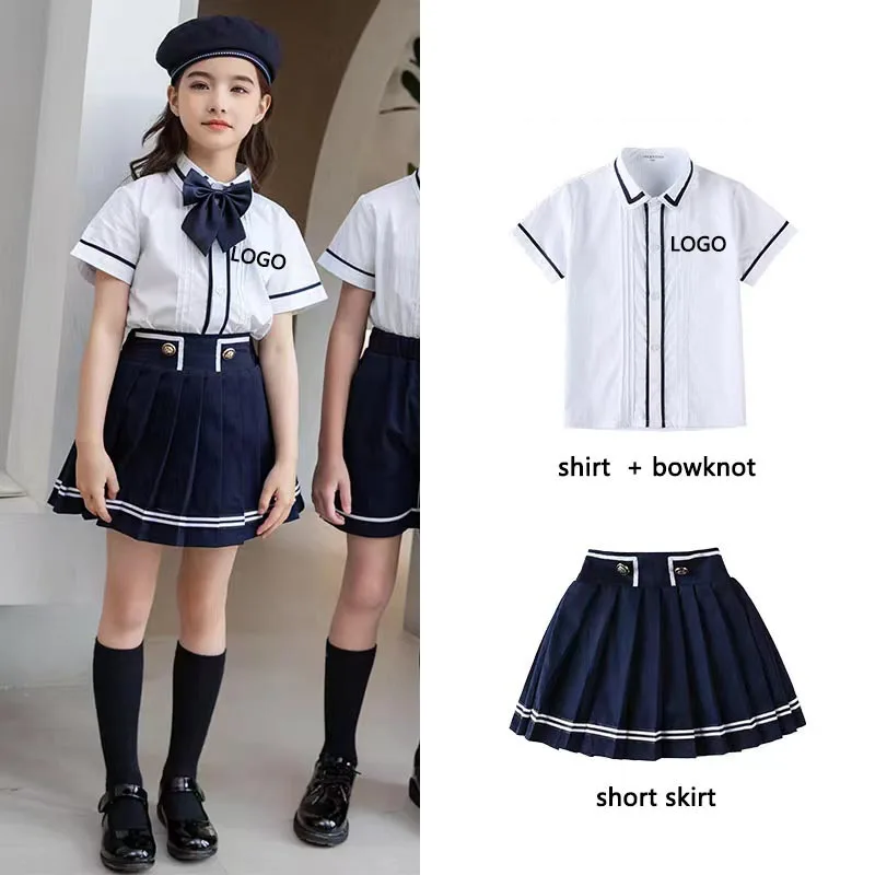 OEM Embroidered logo International Formal Primary School Uniforms Children Short Sleeve Boys Girls Kids School Uniform Sets