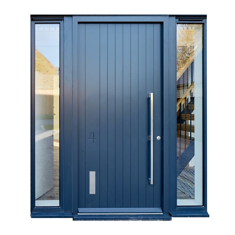 Черная готовая твердая древесина Prettywood, современные входные передние поворотные двери с боковой подсветкой