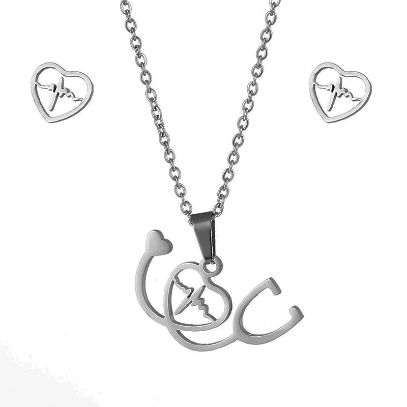 Personality Stainless Steel Heart Shaped Stethoscope Necklace Earring Stud Set Women Doctor Nurse Jewelry ECG Clavicle Chain