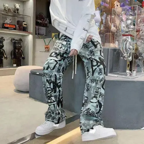 High Quality Patchwork Custom Logo Camouflage Twill Stacked Camo Cargo Flared Pants Men