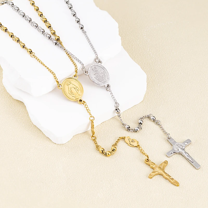 Stainless Steel Catholic Rosary Necklace Gold Plated Bead Jesus Crucifix Cross Virgin Mary Christian Jewelry