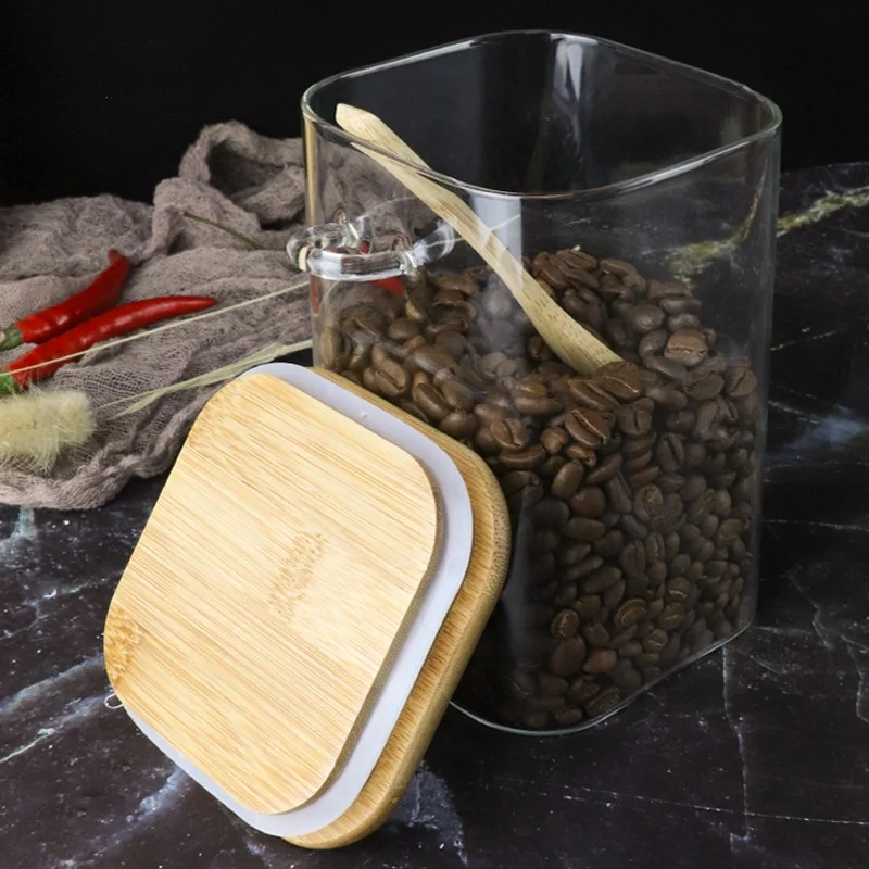 
Square Round food glass jar with bamboo cover and wooden spoon store candy cookies and other food 