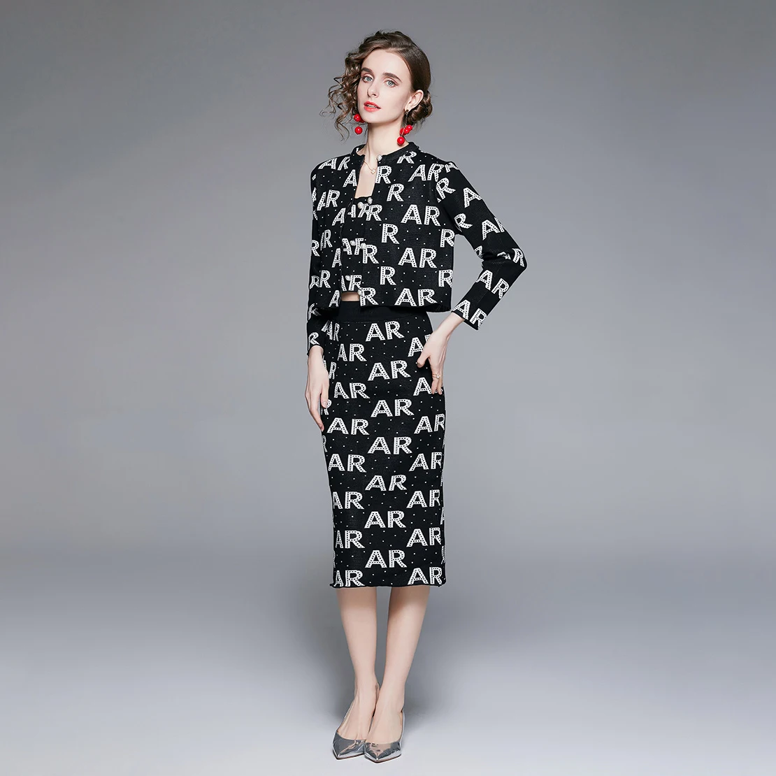 2023 spot new product elegant casual wear jacquard knitted one-neck jacket + vest + half lady dresses three-piece suit
