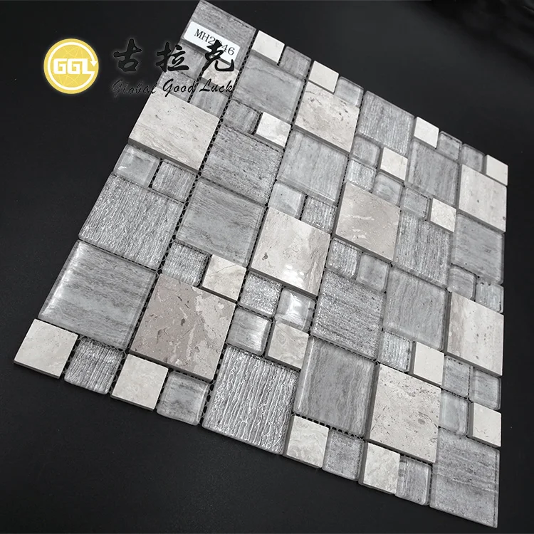 Sliver Color Glass Square Pattern mixed Mosaic Tiles With Grey Stone Chips Wall Decoration