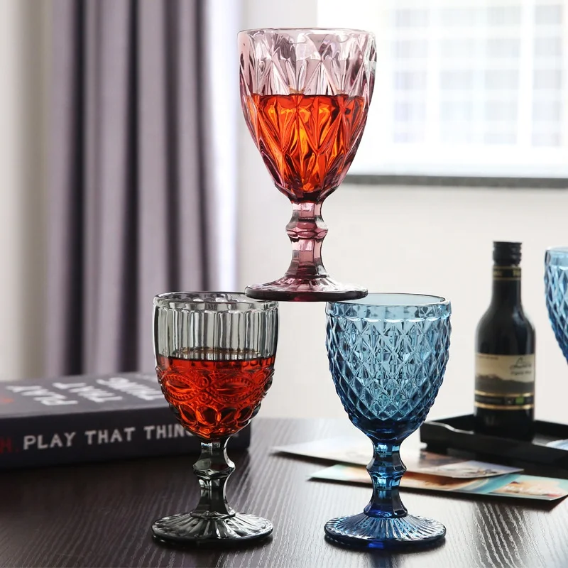 Retro design eco friendly 240ml embossed engraved wine glass goblets coloured vintage glassware wedding glassware bulk