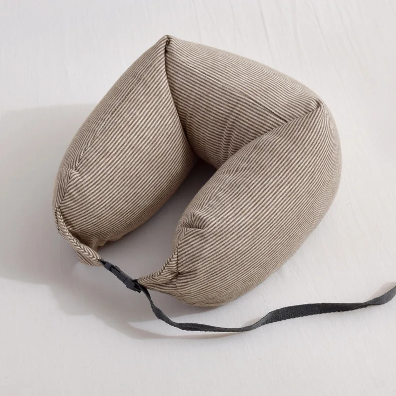 Factory Price Stripe Design 100% Polyester Cover Hooded Travel Pillow U-shape Foam Particle Filling Brown For Office Travel