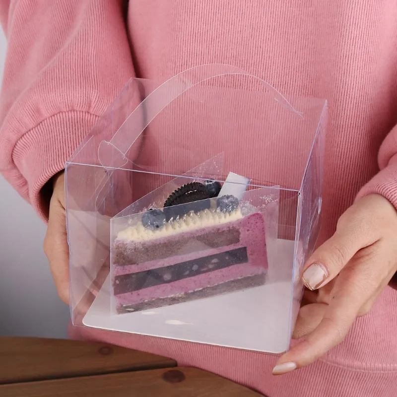 Wholesale 2 icnh Square Plastic Transparent PET Cheese Donut Puffs Food Packaging Sushi Pastry Box Clear Cake Box With Handle