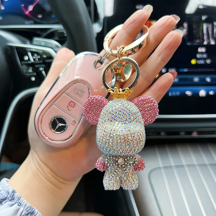 Cute Full Crystal Bear Keychain Bling Rhinestone Pendant Charm Bag Car Keys Glitter Big Head Bear Keychain