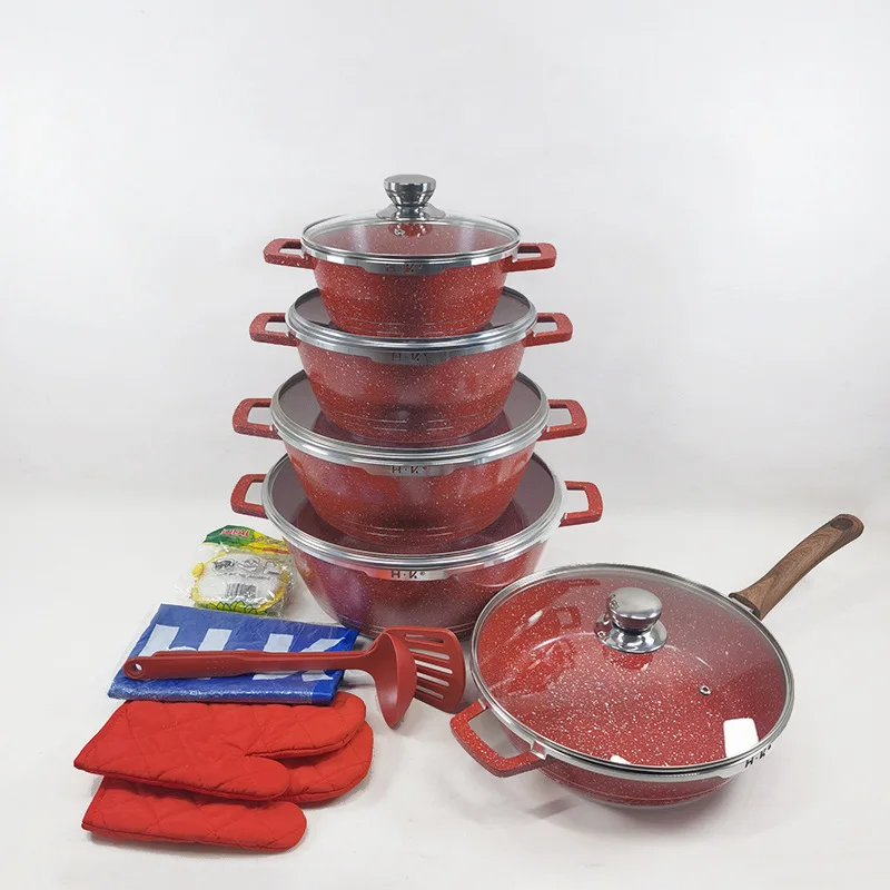 Hot Sale 16-Pcs Marble Stone Non-Stick Cookware Set Granite Induction Bottom Cooking Pots with Insulated Gloves for Kitchen Use