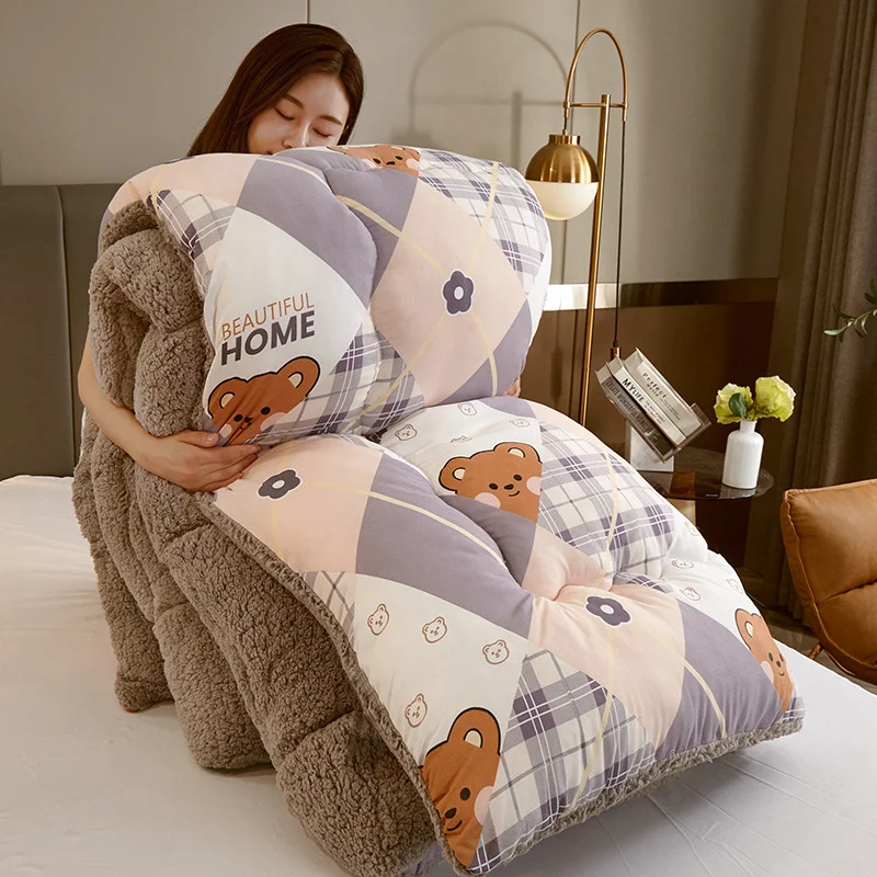 Creative Printed Winter Warm Quilted Plush Cashmere Comforter Single Double Size Thick Double-Sided Lamb Wool Velvet Quilt