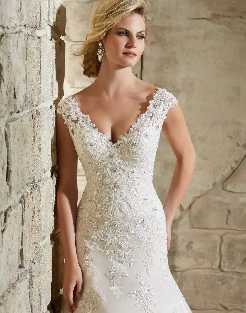 2024 Simple fishtail bridal dress robe vestido de novia siren V neck lace mermaid bride wedding dress with train