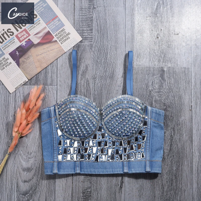 Candice beaded shaping celebrity fashion outerwear stage costumes padded camisole denim rhinestone corset top