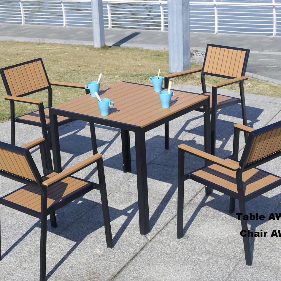 Уличный набор мебели AWT001S квадратный стол для отдыха пластиковый деревянный и стул патио кофейня ресторан обеденный