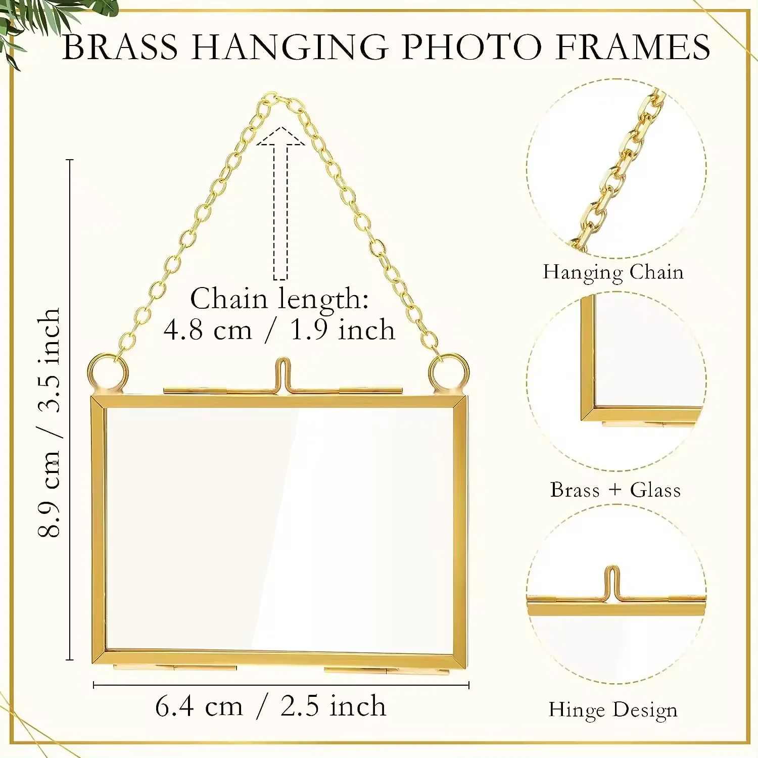 Glass crafts Pressed Flowers 3.5 x 2.5 Inch, Double Floating Picture Frames Brass Hanging Photo Frame with Chain Wall Decor
