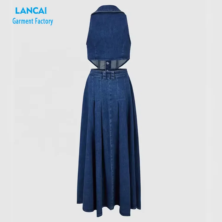 Custom Dresses Women Single breasted Midi Dress Vintage  Party Denim Dress