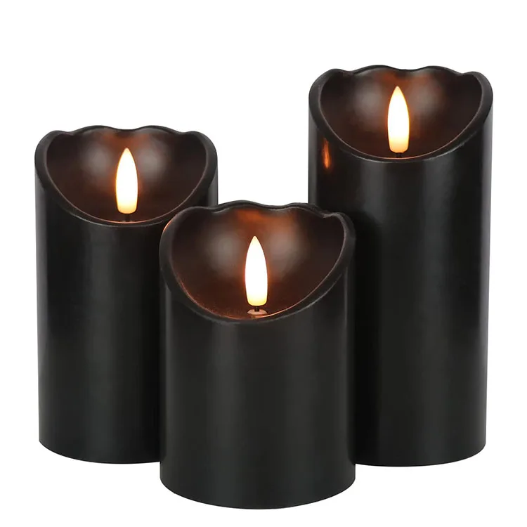 Home Decor Realistic Black Pillar Led Candles With Timer Battery Operated Paraffin Wax Electronic Candles With Moving 3d Flame