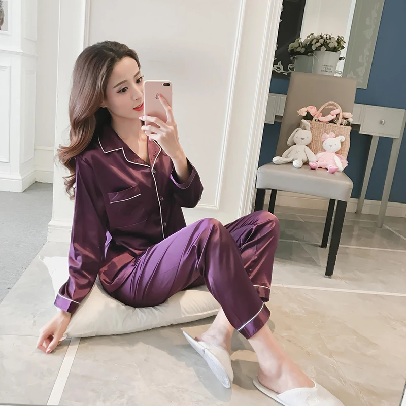 Custom High quality silk long sleeve sleepwear set solid color luxury satin pajamas women spring autumn pijamas woman plus size