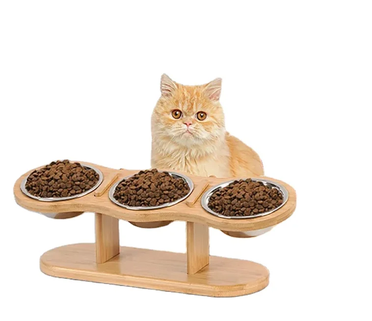 Wholesale custom logo small pet diagonal anti-upset pet dog bowl protection cervical vertebra adjustable bamboo frame