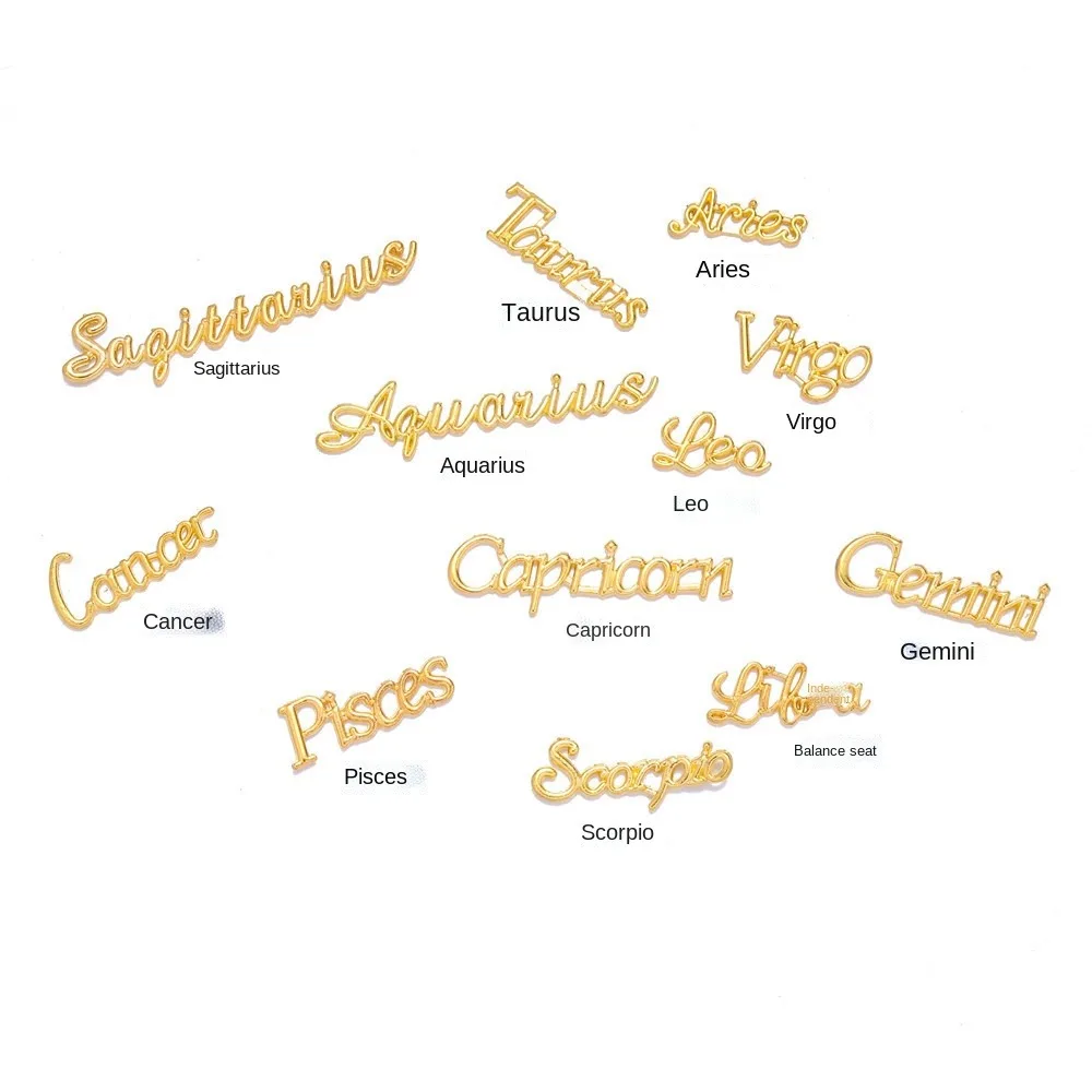 High Quality 12pcs/set English Letter Press On Tips Constellation Symbols Gold Silver Metal Charms Kit For Nails horosecopes