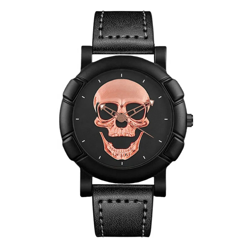 Y335 New arrival popular Luxury black round steel  strap human skeleton skull quartz watch for men