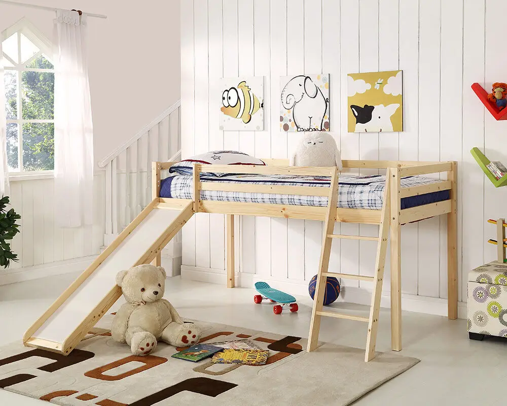 Simple Mid Sleeper Children Wooden Bunk Bed White Grey MDF Wood Kids Furniture Bunk Beds with Slide and Ladder
