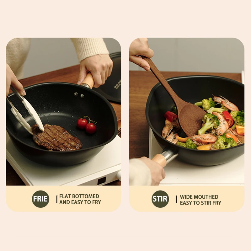 Flat Bottom Titanium Alloy Wok Pan Non Stick Utensils Kitchen Set Cooking Soup Pot
