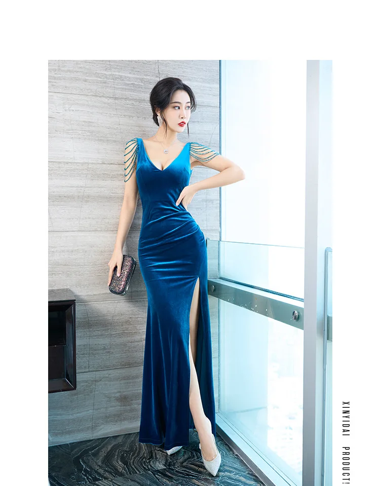 Women Maxi Trumpet Ball Gown Eye-Catching Formal Party Long Evening Dresses Sexy V Neck Modest Evening Gowns with Tassels