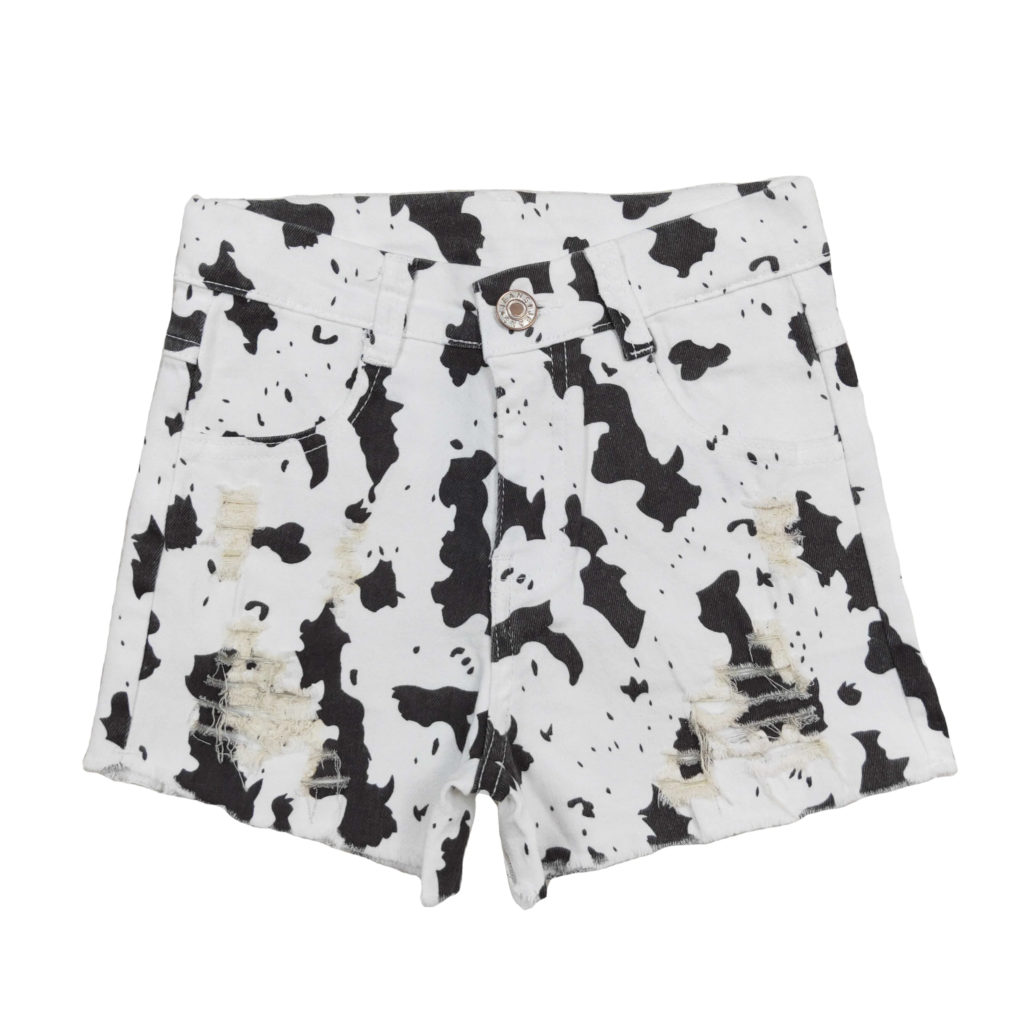 wholesale hot sale   jeans  western boutique pants for baby girls clothes White cow print ripped denim shorts