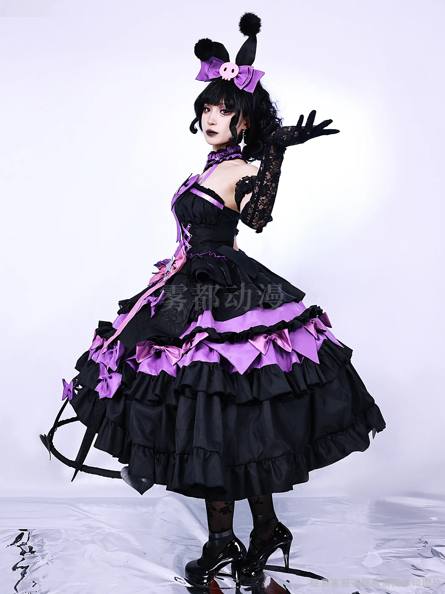 Game Identity V Cosplay Blood Mary Long Layered Purple Black Dresses Pink Bows Full Set Halloween Costume Costume