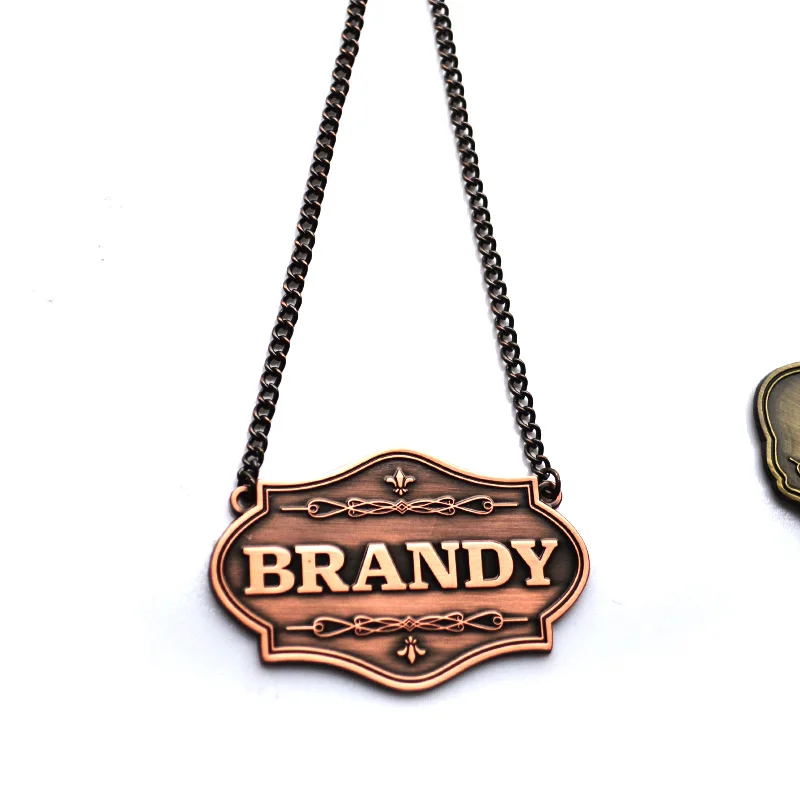 Modest luxurious style Custom zinc alloy Bottle Label metal logo metal sticker Adhesive metal wine label with chain