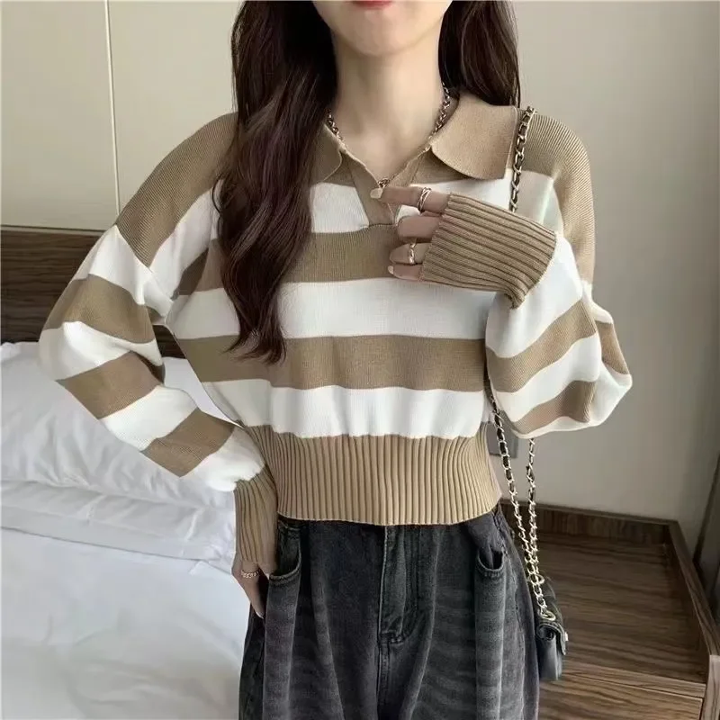 Lazy Stripe Contrast Polo Neck Sweater for Women Long Sleeved Knitwear Thin Knitted Bottom Top for Girls
