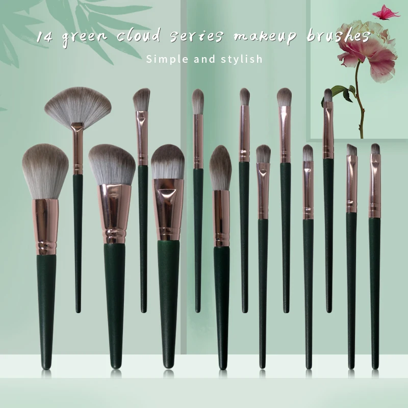 2021 14 штук Горячая продажа частная таможня maquillaje Brochas Высокое качество лица зеленый синтетический макияж кисти набор Пользовательский