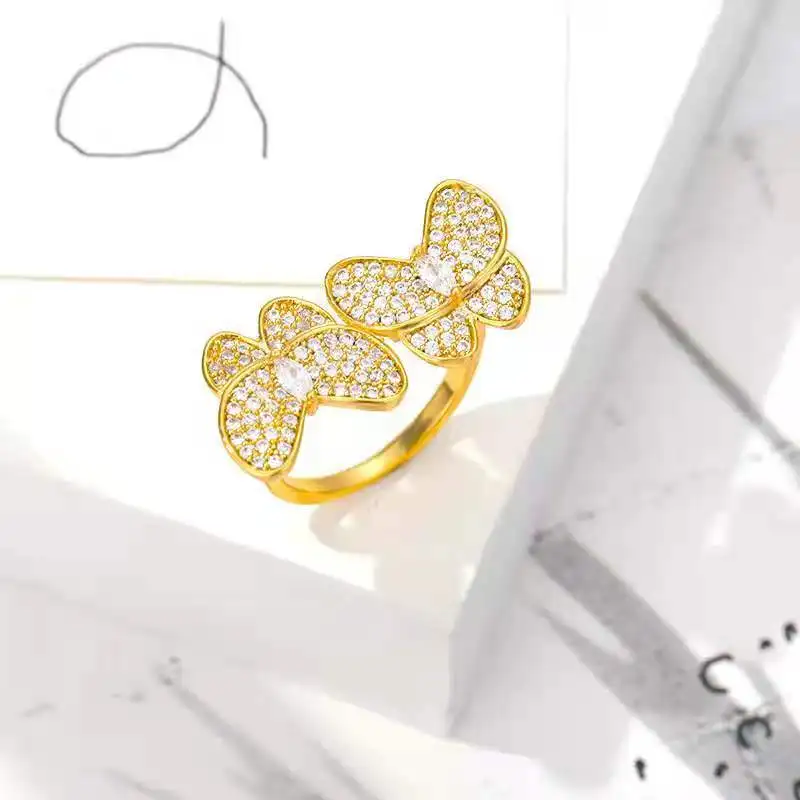 
Trendy CZ Butterfly Finger Ring Gold 18K Cubic Zircon Double Butterfly Ring 