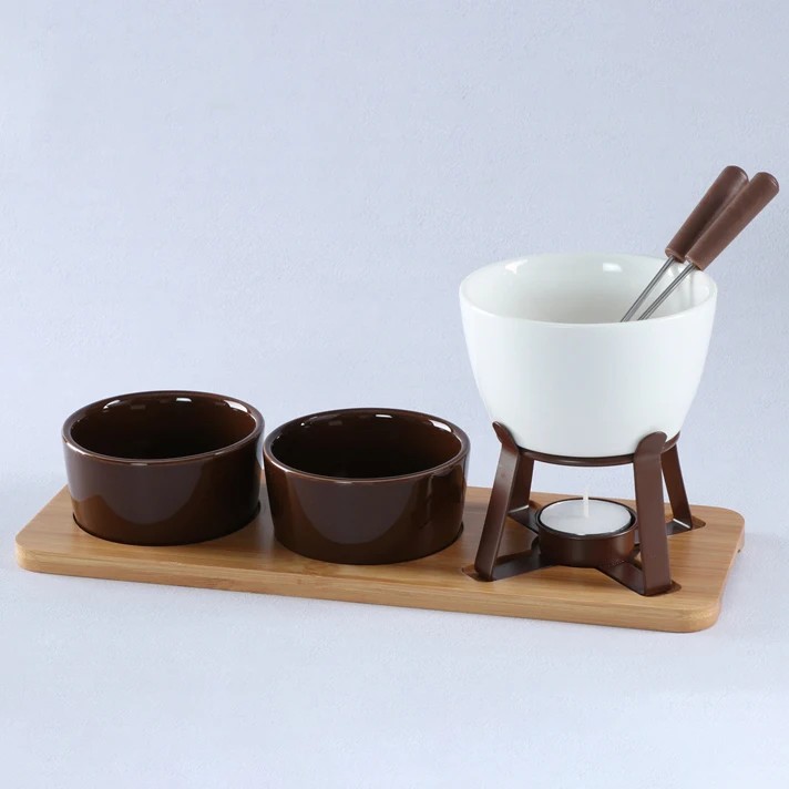 wholesale kitchen porcelain candle melting pot chocolate fondue warmer ceramic fondue sets with fork