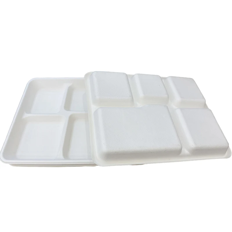 Multiple 5 Compartment Eco Biodegradable Disposable Fast Food Packaging Bagasse Tray