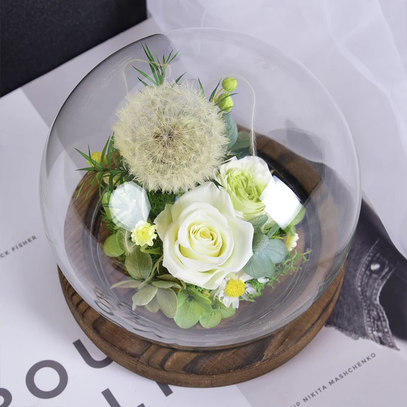 Wholesale preserved Dandelion eternal preserved rose in glass dome for Living Room Decoration Dried Flower Christmas gift