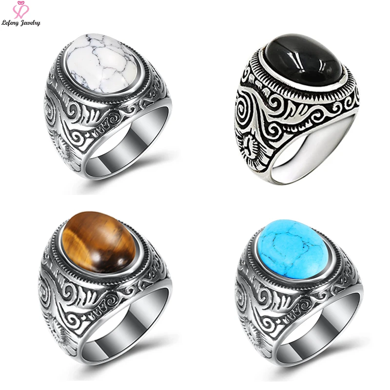 Lefeng Custom Vintage Stainless Steel Silver Men Turquoise Emerald Colored Gemstone Big Stone Ring