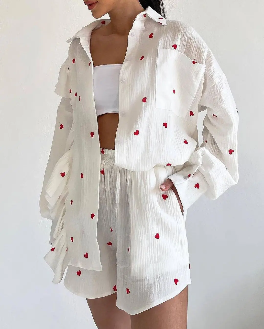 Spring Autumn Fashion Love Printed Pajamas Two Piece Set Casual Soft Cotton Short Women Home Clothes