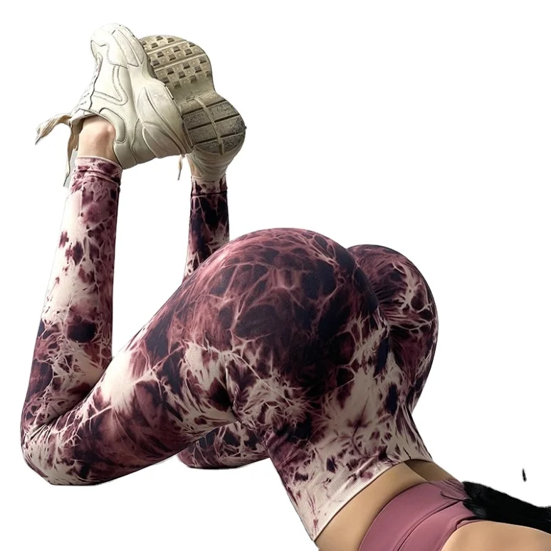 gym apparel sport high waisted hot sexy ass big butt scrunch seamless tie dye printed yoga leggings pants for women